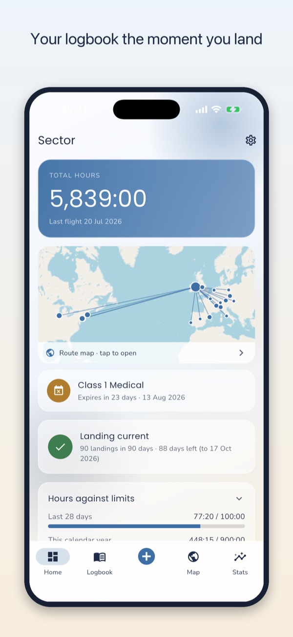 Your logbook the moment you land: total hours, a route map, medical expiry and landing currency on the home screen.