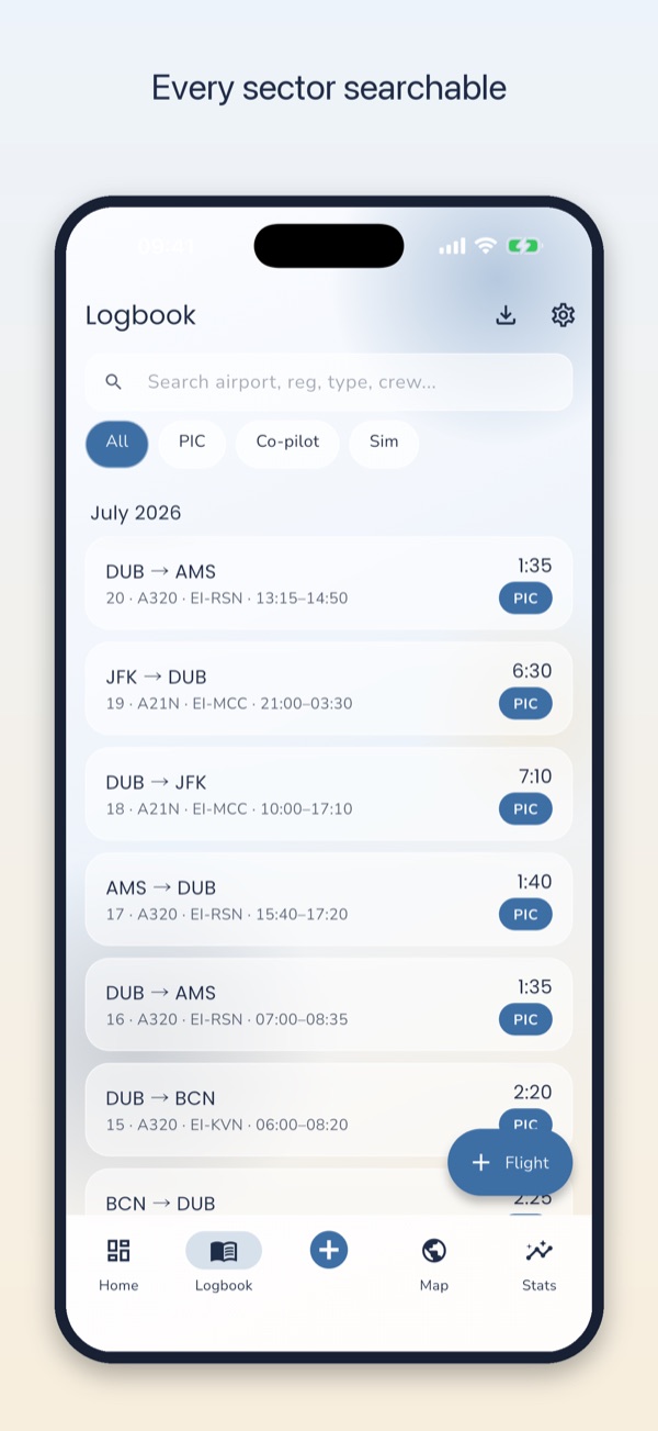 Every sector searchable: the logbook list with search and filters by role.