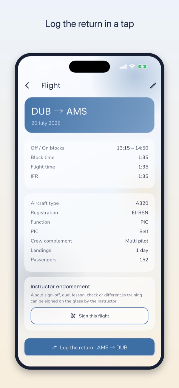 Log the return in a tap: a flight's detail screen with the return sector ready to log.